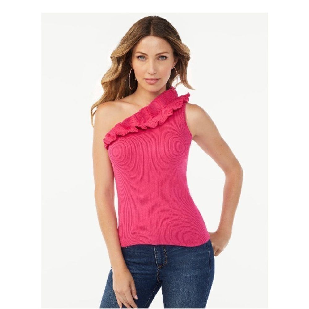 Sofia Vergara One Shoulder Ruffled Knit Tank Top Shirt Size XS